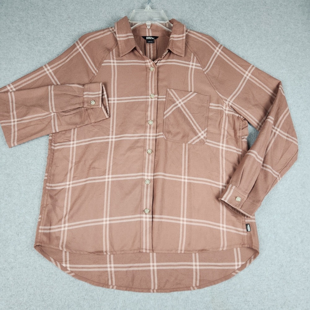 Eddie Bauer Shirt Womens Large Brown Plaid Long Sleeve Button Up High Low Hem